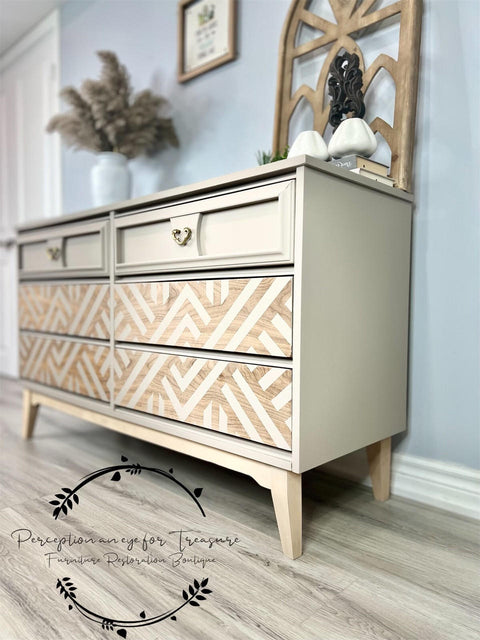 Dixie Belle Paint French Linen Chalk Mineral Paint A gorgeous sideboard chalk painted with French linen and then bottom half has a modern stenciled design.  French Linen is a light taupe. With a warm and weathered mix of brown and gray, this gentle color reflects light.

Use French Linen to create a polished and peaceful ambiance in any room of your home.