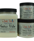 Dixie Belle Paint Gator Hide The BEST Top Coat for Painted Furniture on the market. Picture of a  3 containers of Gator Hide which is NON-yellowing and has a superior toughness that is perfect for your high traffic areas. Add Gator Hide to your chalk painted kitchen or bathroom cabinets for long lasting durability. Gator Hide is Water Repellant and our rock hard finish will leave your projects beautiful for ages.