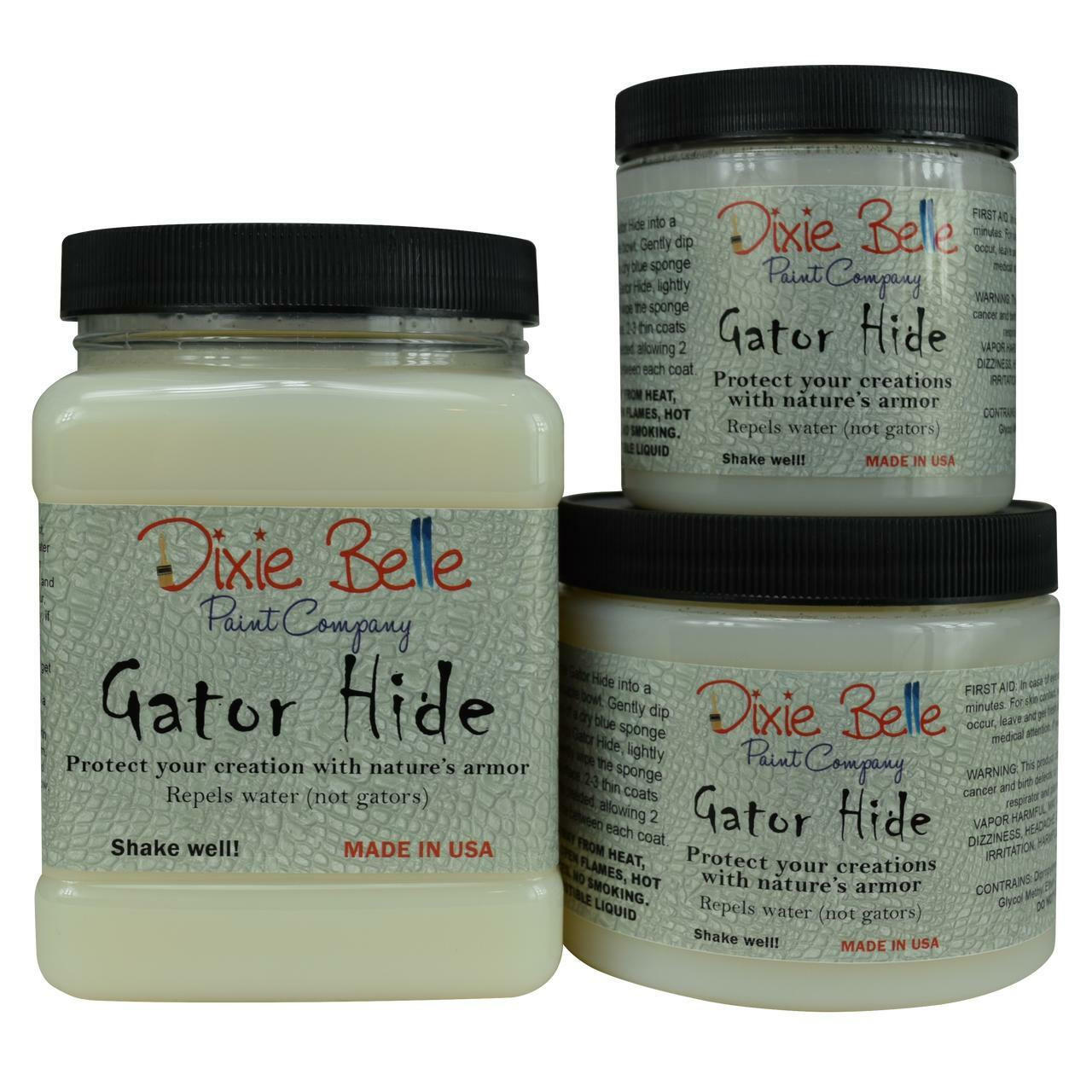 Dixie Belle Paint Gator Hide The BEST Top Coat for Painted Furniture on the market. Picture of a  3 containers of Gator Hide which is NON-yellowing and has a superior toughness that is perfect for your high traffic areas. Add Gator Hide to your chalk painted kitchen or bathroom cabinets for long lasting durability. Gator Hide is Water Repellant and our rock hard finish will leave your projects beautiful for ages.