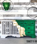 Dixie Belle Paint Grunge Glaze 
Dresser in 3 colors left side is white and black stripes on the drawers then right side green with middle gold shine split in between stripes and green. Using Grunge Glaze around the piece to add depth.