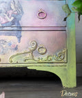 Dixie Belle Paint Limeade Chalk Mineral Paint is the perfect paint for any DIY project!
A view of the corner of a dresser showing the trim and the leg that are painted in Limeade Chalk Mineral Paint.