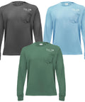 Dixie Belle Paint Long Sleeve T-Shirt w/ Pocket in Coal (black), Safari ( green), Mist ( light blue) on a white background,