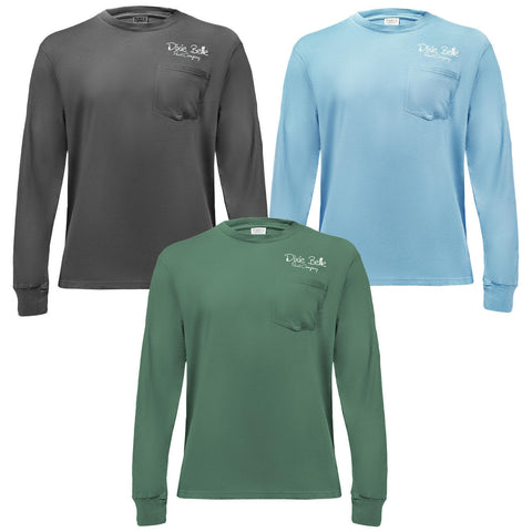 Dixie Belle Paint Long Sleeve T-Shirt w/ Pocket in Coal (black), Safari ( green), Mist ( light blue) on a white background,