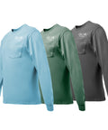 Dixie Belle Paint Long Sleeve T-Shirt w/ Pocket  in Coal (black), Safari ( green), Mist ( light blue) on a white background, side by side.
