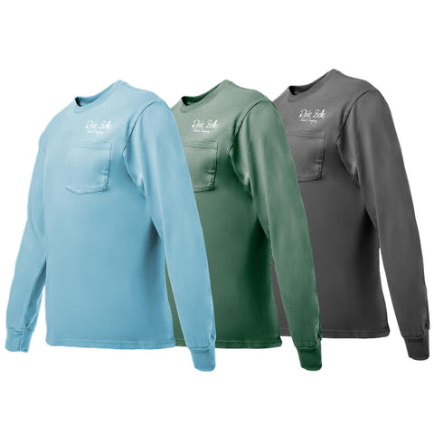 Dixie Belle Paint Long Sleeve T-Shirt w/ Pocket  in Coal (black), Safari ( green), Mist ( light blue) on a white background, side by side.