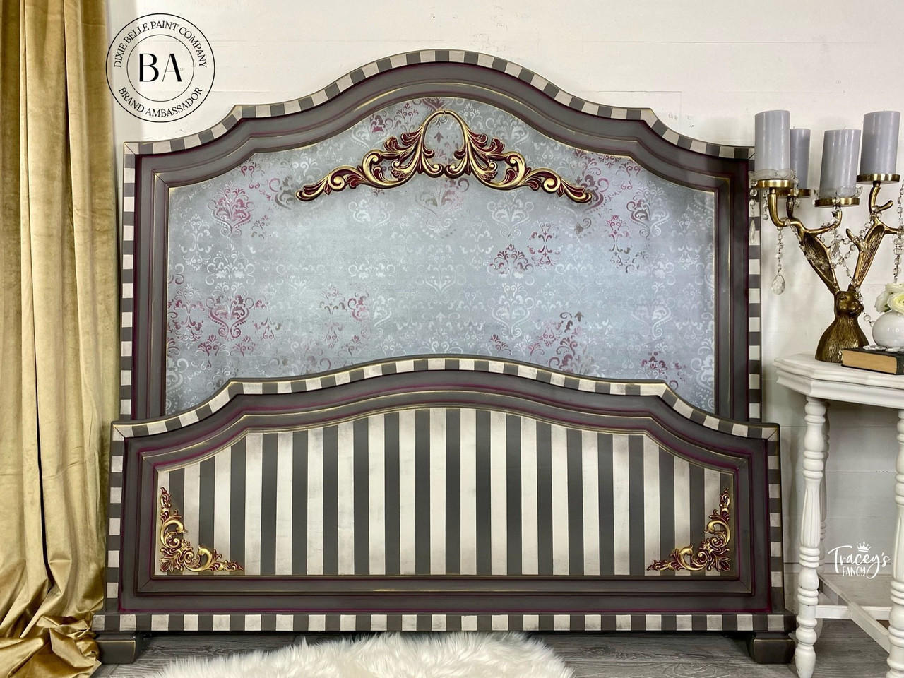 Dixie Belle Paint Manatee Gray Chalk Mineral Paint is the perfect paint for any DIY project! Light Gray Chalk Painted Head Board with Stencils and Black stripes.