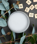 Dixie Belle Paint Manatee Gray Chalk Mineral Paint is the perfect paint for any DIY project! Can of Chalk Mineral Paint with tile letters and leaves in the background.