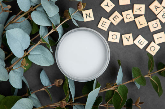 Dixie Belle Paint Manatee Gray Chalk Mineral Paint is the perfect paint for any DIY project! Can of Chalk Mineral Paint with tile letters and leaves in the background.