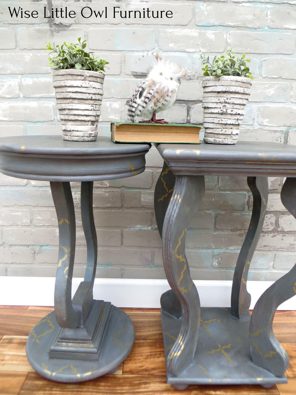 Dixie Belle Paint Mason Dixon Gray Chalk Mineral Paint is the perfect paint for any DIY project! Dark Gray Chalk painted End tables with Yellow Stencils painted all over. Staged with two potted plants a bird and a book on top.