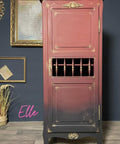 Dixie Belle Paint Midnight Sky Chalk Mineral Paint is the perfect paint for any DIY project! Black Chalk painted with red Ombre tall pantry cabinet with gold accents.