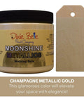 Wedding Belle Moonshine metallic is the perfect paint to add shimmer and shine to your chalk painted furniture. 16 oz. Jar of wedding belle Moonshine Metallic next to a sample on wood.