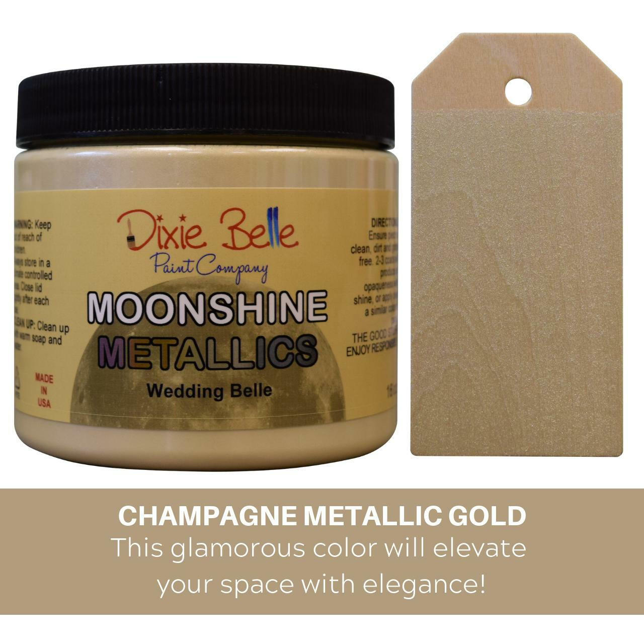 Wedding Belle Moonshine metallic is the perfect paint to add shimmer and shine to your chalk painted furniture. 16 oz. Jar of wedding belle Moonshine Metallic next to a sample on wood.