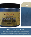 Pacific Moonshine metallic is the perfect paint to add shimmer and shine to your chalk painted furniture. 16 oz. Jar of pacific Moonshine Metallic next to a sample on wood.