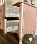 Rozay Moonshine metallic is the perfect paint to add shimmer and shine to your chalk painted furniture. Rozay Moonshine metallic chalk painted dresser with floral stencil and floral rub on transfers on the inside of the drawers.