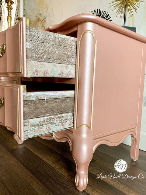 Rozay Moonshine metallic is the perfect paint to add shimmer and shine to your chalk painted furniture. Rozay Moonshine metallic chalk painted dresser with floral stencil and floral rub on transfers on the inside of the drawers.