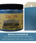 Metallic Aqua Blue Moonshine metallic is the perfect paint to add shimmer and shine to your chalk painted furniture. 16 oz. Jar of Caribbean Moonshine Metallic next to a sample on wood.