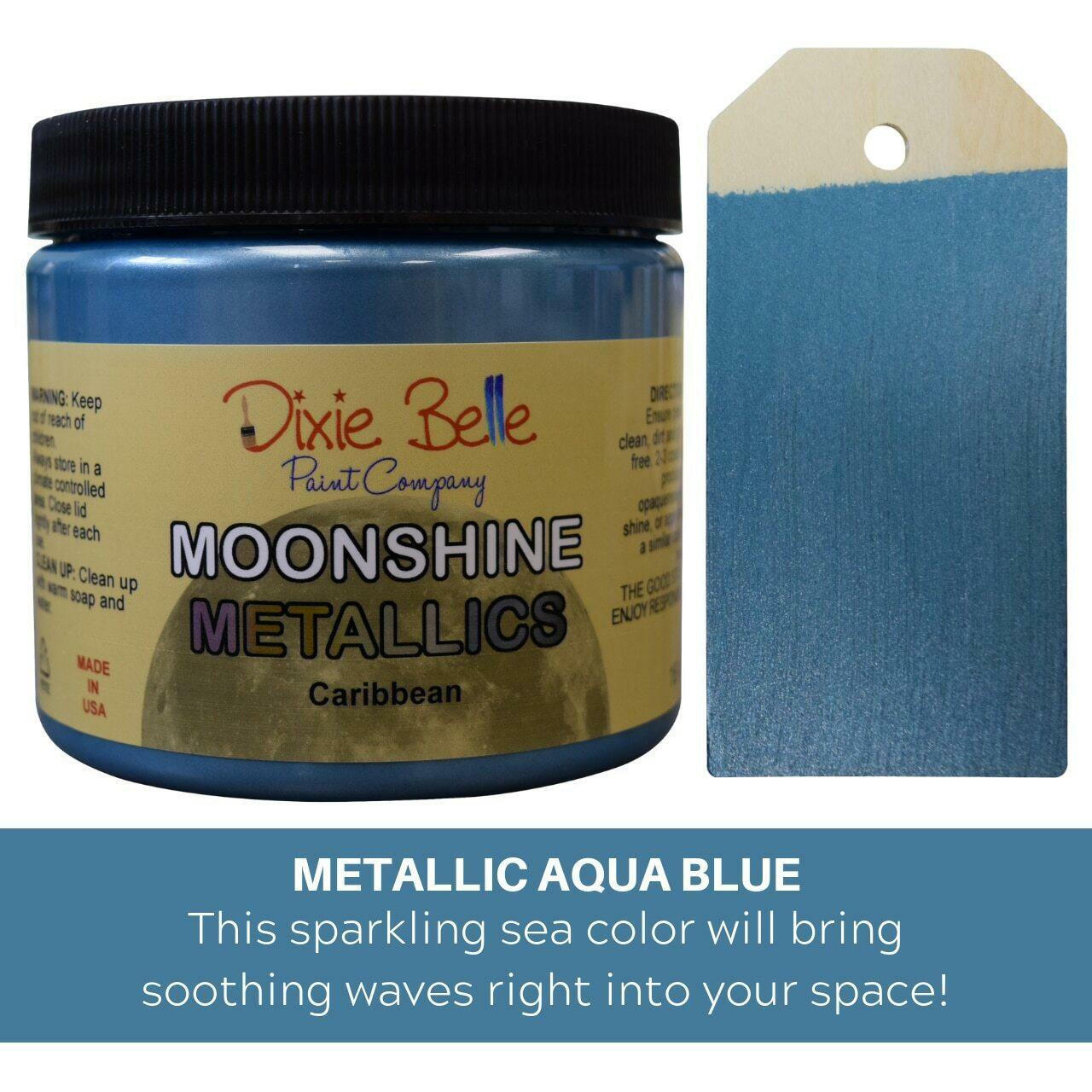 Metallic Aqua Blue Moonshine metallic is the perfect paint to add shimmer and shine to your chalk painted furniture. 16 oz. Jar of Caribbean Moonshine Metallic next to a sample on wood.