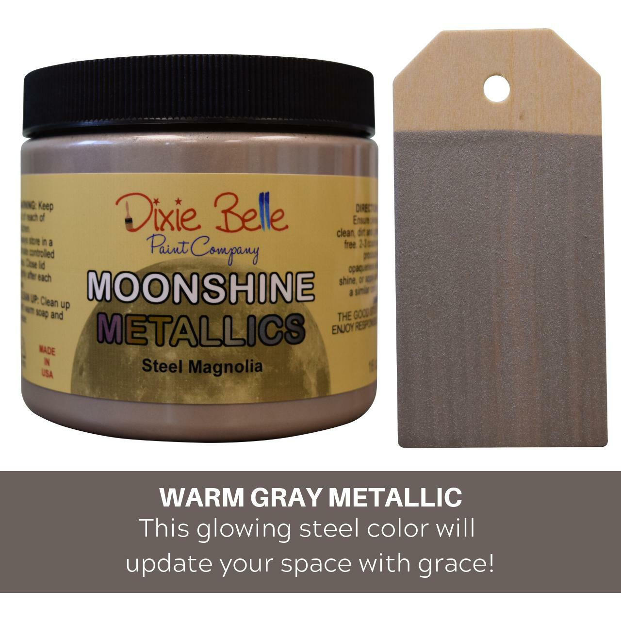 Steel Magnolia Moonshine metallic is the perfect paint to add shimmer and shine to your chalk painted furniture. 16 oz. Jar of Steel Magnolia Moonshine Metallic next to a sample on wood.