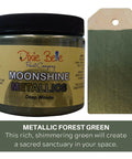 Deep Woods Moonshine metallic is the perfect paint to add shimmer and shine to your chalk painted furniture. 16 oz. Jar of deep woods Moonshine Metallic next to a sample on wood.