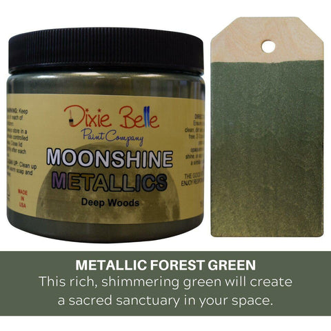Deep Woods Moonshine metallic is the perfect paint to add shimmer and shine to your chalk painted furniture. 16 oz. Jar of deep woods Moonshine Metallic next to a sample on wood.