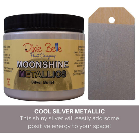 Silver Bullet Moonshine metallic is the perfect paint to add shimmer and shine to your chalk painted furniture. 16 oz. Jar of Rozay Moonshine Metallic next to a sample on wood.