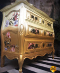 Moonshine metallic is the perfect paint to add shimmer and shine to your chalk painted furniture. Light and dark gold metallic chalk mineral painted dresser with floral rub on transfers.