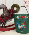 Dixie Belle Paint Palmetto Chalk Mineral Paint is the perfect paint for any DIY project! Green chalk painted wood pale, with chicken and flower rub on transfers. Staged next to  a toy rocking horse.