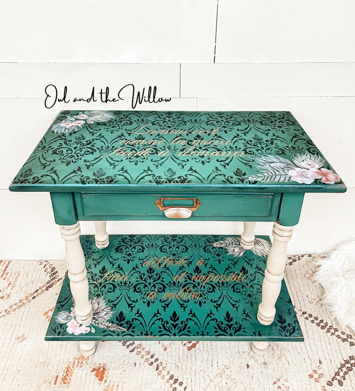 Dixie Belle Paint Palmetto Chalk Mineral Paint is the perfect paint for any DIY project! Green chalk painted end tables with black scroll stencil painted on the top and flower rub on transfers and white painted legs.
