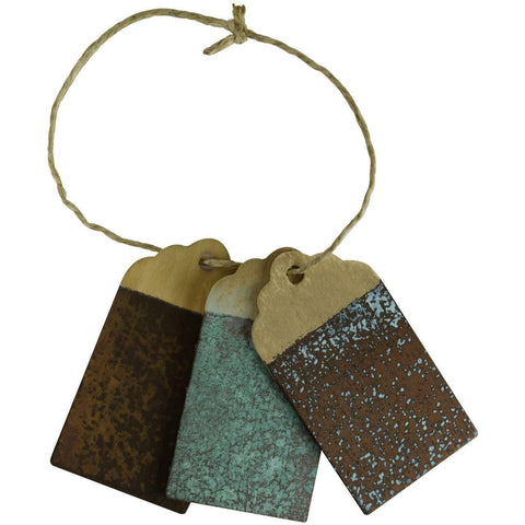 Dixie Belle Paint Patina Sample. 3 Wood tags painted with the 3 patina colors on a twine string Copper, iron, and bronze.