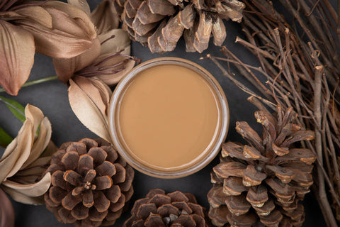 Dixie Belle Paint Pine Cone Chalk Mineral Paint is the perfect paint for any DIY project! Light brown Chalk mineral paint open top view of paint can staged with pinecones.