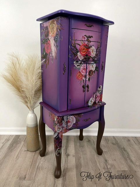 Dixie Belle Paint Plum Crazy Chalk Mineral Paint is the perfect paint for any DIY project! Purple chalk painted jewelry box blended with maroon chalk paint, floral rub on transfers and brown painted feet. Staged with a vase with faux wheat.