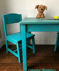 Dixie Belle Paint Pure Ocean Chalk Mineral Paint is the perfect paint for any DIY project! Blue chalk painted kids desk and chair staged with a stuffed bear.