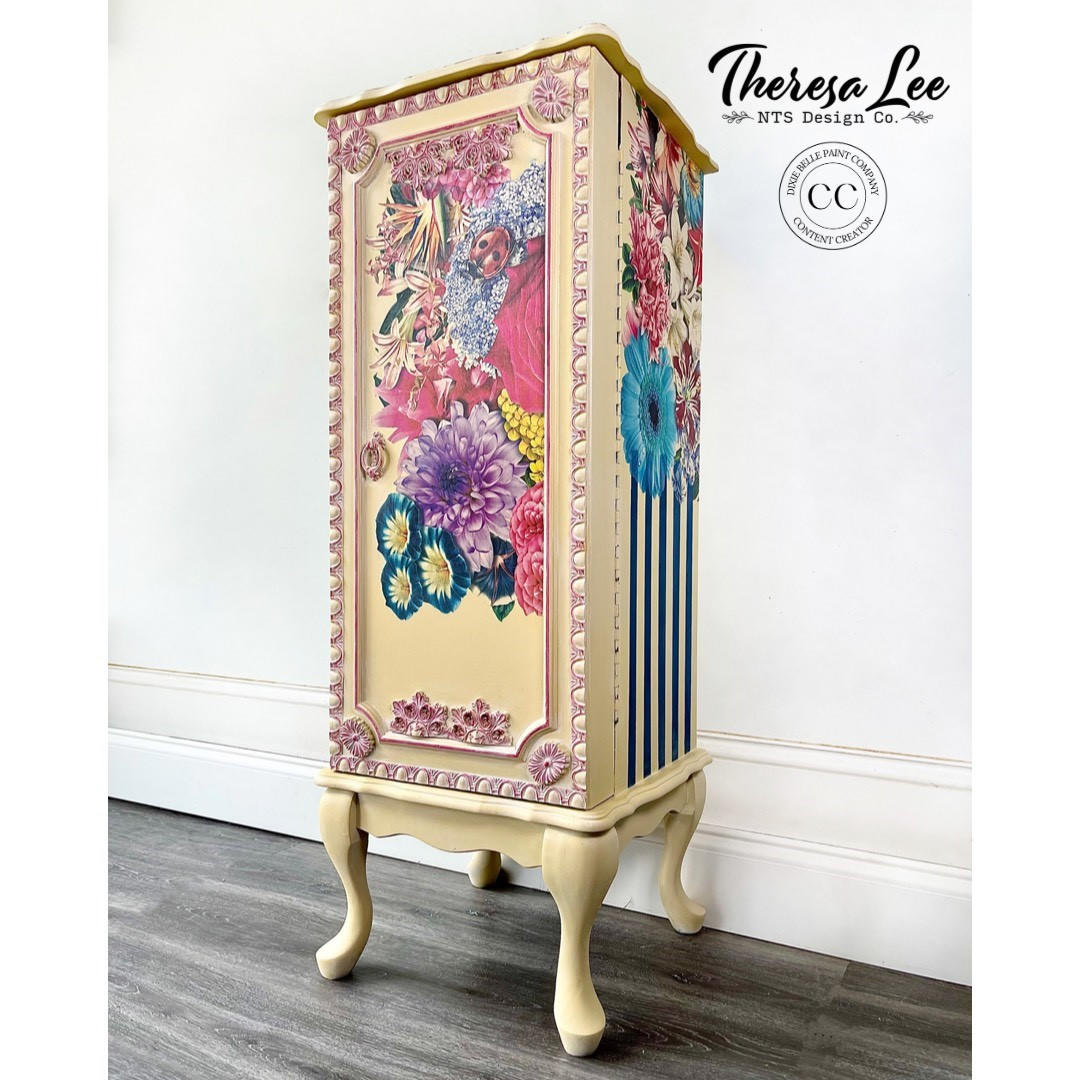 Dixie Belle Paint Rebel Yell-ow Chalk Mineral Paint is the perfect paint for any DIY project! A jewelry armoire showcasing this vintage yellow on the entire piece with our Flower Child transfer on all 4 sides and staged alone.