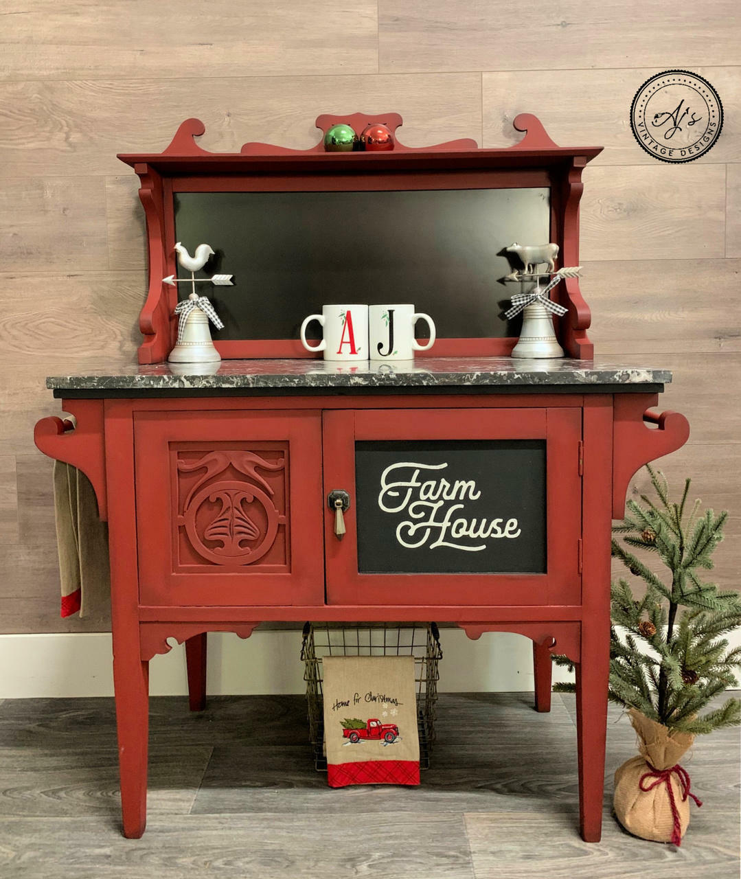 Dixie Belle Paint Rustic Red Chalk Mineral Paint is the perfect paint for any DIY project! A farmhouse bakery table featuring the rustic red and has a cupboard on the bottom. The bakery table is staged with various kitchen decor.