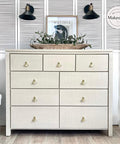 Dixie Belle Paint Sand Bar Chalk Mineral Paint  is the perfect paint for any DIY project! A 9 drawer dresser painted in sand bar. This dresser has 3 drawers across the top and 6 on the bottom half.