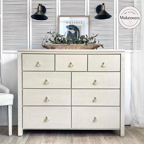 Dixie Belle Paint Sand Bar Chalk Mineral Paint  is the perfect paint for any DIY project! A 9 drawer dresser painted in sand bar. This dresser has 3 drawers across the top and 6 on the bottom half.