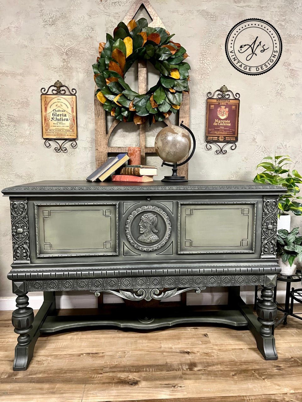 Dixie Belle Paint Spanish Moss Chalk Mineral Paint is the perfect paint for any DIY project! A vintage buffet with engravings and painted in spanish moss chalk mineral paint.