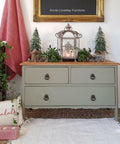 Dixie Belle Paint Spanish Moss Chalk Mineral Paint is the perfect paint for any DIY project! A 3 drawer end table that is painted in spanish moss chalk mineral paint and staged with christmas decorations.