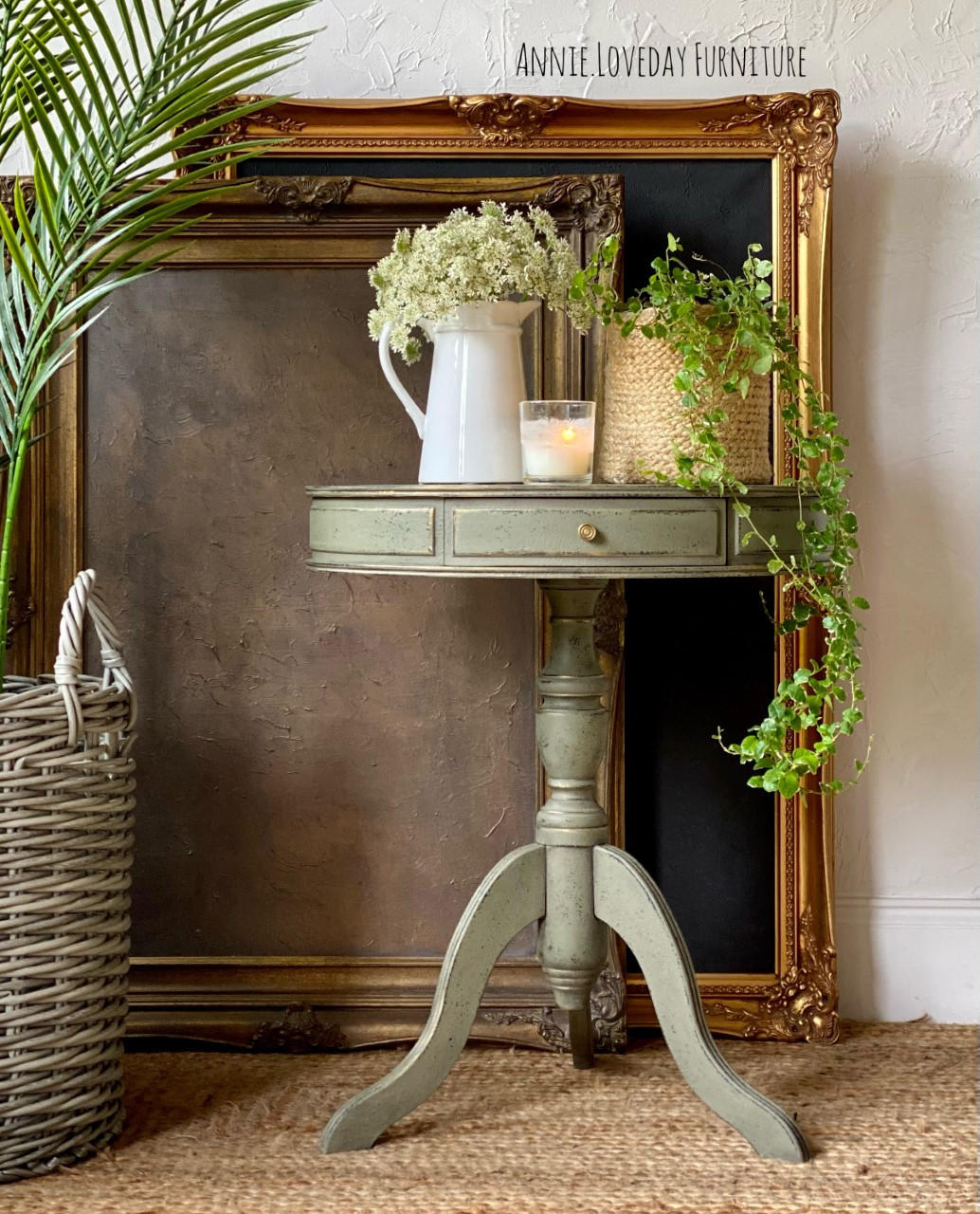 Dixie Belle Paint Spanish Moss Chalk Mineral Paint is the perfect paint for any DIY project! An end table painted in spanish moss chalk mineral paint and is distressed.
