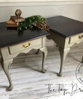 Dixie Belle Paint Spanish Moss Chalk Mineral Paint is the perfect paint for any DIY project! 2 elegant side tables with a dark wooden top and painted in spanish moss chalk mineral paint.