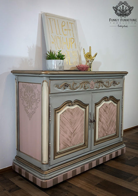 Dixie Belle Paint Tea Rose Chalk Mineral Paint is the perfect paint for any DIY project!
Entertainment center using gray and Tea Rose Chalk Mineral Paint on the inside panels to give the piece ana elegant look.