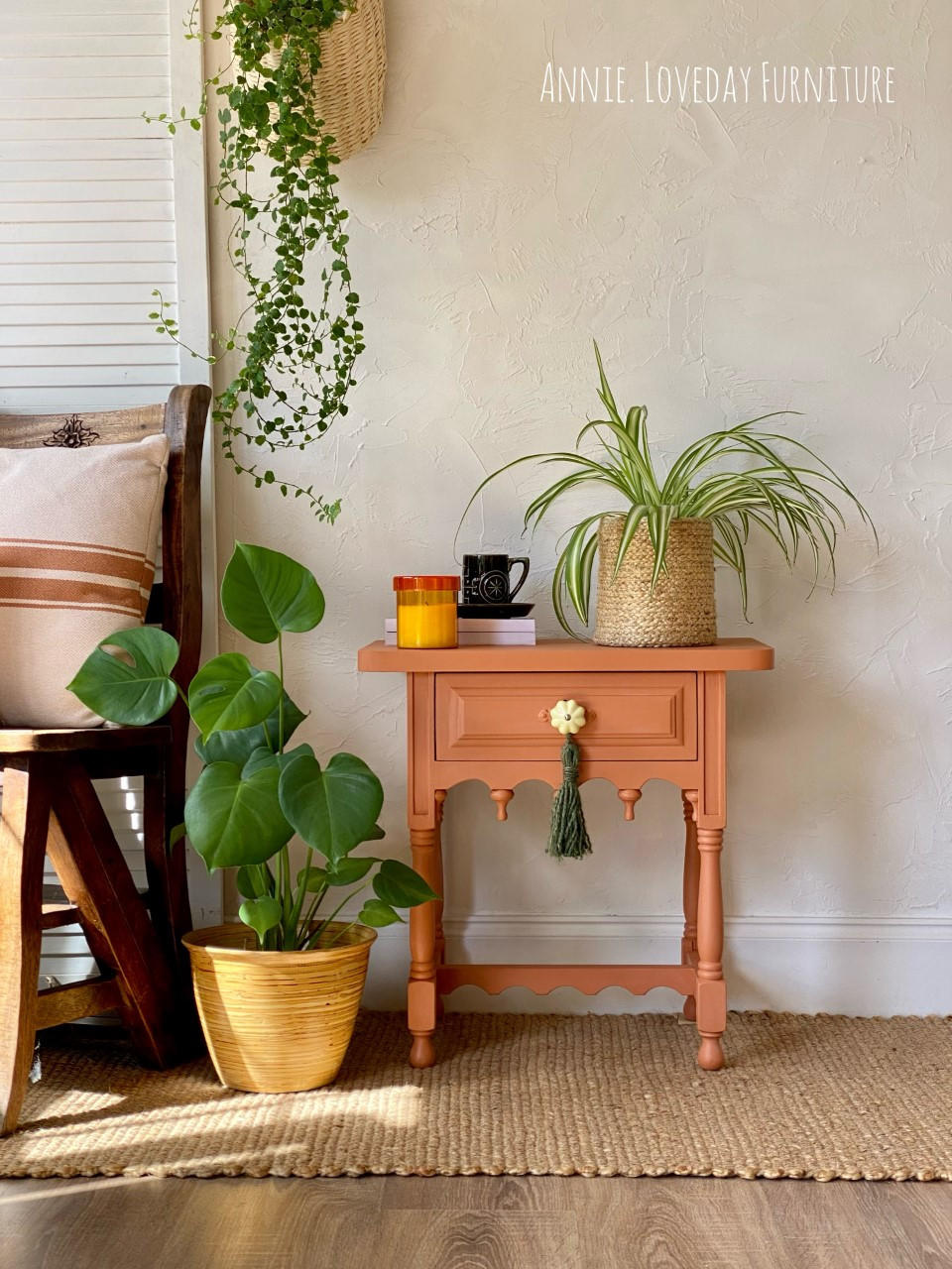 Dixie Belle Paint Terracotta Chalk Mineral Paint painted night stand with a plant on the side and on top
