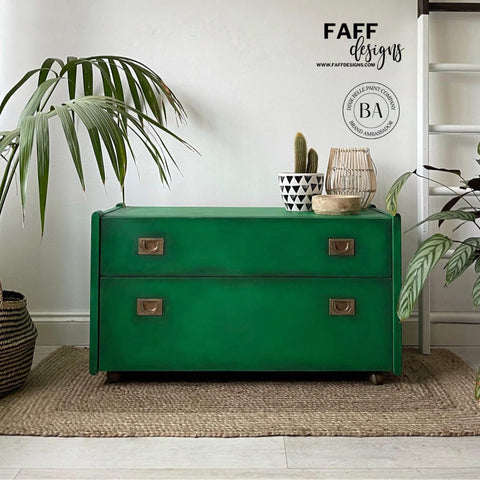 Dixie Belle Paint Tree Frog Green Chalk Mineral Paint is the perfect paint for any DIY project!  A green chalk painted coffee table with black edges and gold pull handles.