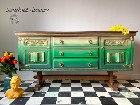 Dixie Belle Paint Tree Frog Green Chalk Mineral Paint is the perfect paint for any DIY project!  A gold, tan and green ombre blended chalk painted buffet with gold knobs.