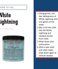 Dixie Belle Paint White Lightning Cleaner.  An instructional page that reads "How to Use White Lightning" and has details for proper use printed on it.  A closed jar of Dixie Belle White Lightning is imaged on the sheet as well.