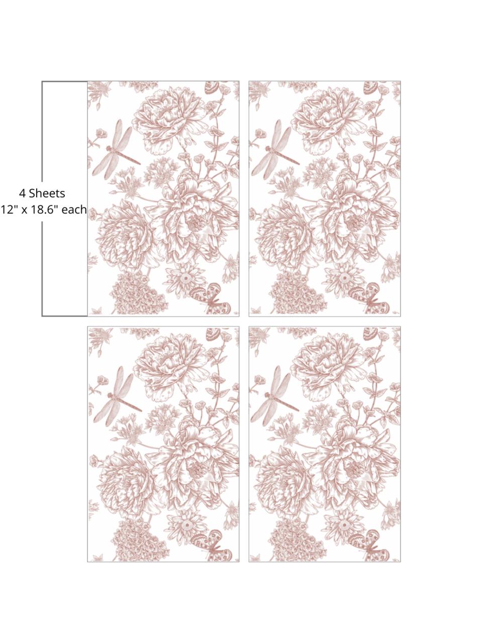 Four sheets of vintage floral and dragonfly pattern paper, each measuring 12 inches by 18.6 inches. The design features intricate illustrations of large flowers and dragonflies in a monochromatic, sepia-toned color scheme.