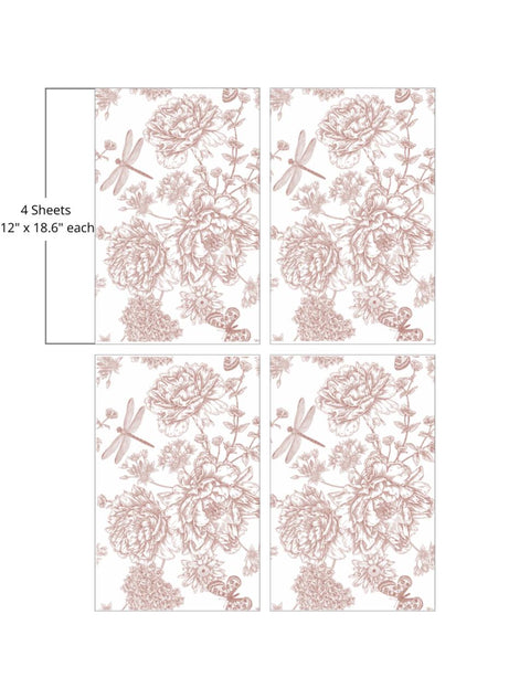 Four sheets of vintage floral and dragonfly pattern paper, each measuring 12 inches by 18.6 inches. The design features intricate illustrations of large flowers and dragonflies in a monochromatic, sepia-toned color scheme.