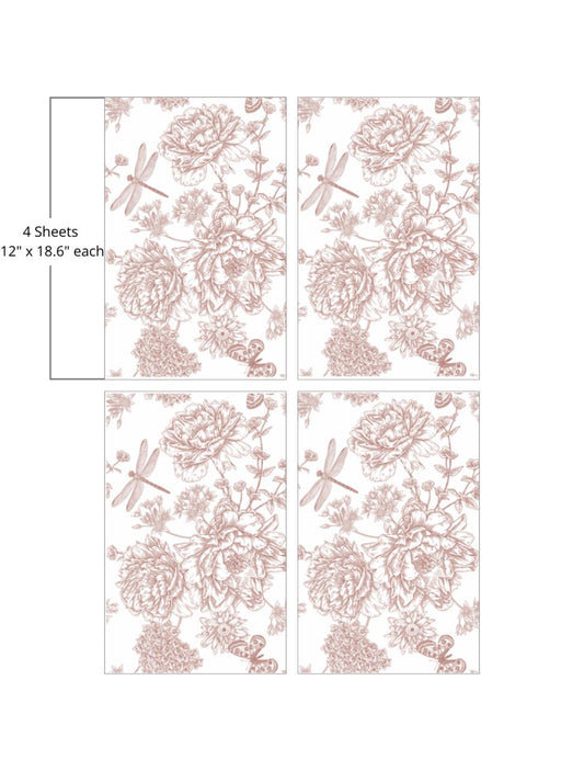 Four sheets of vintage floral and dragonfly pattern paper, each measuring 12 inches by 18.6 inches. The design features intricate illustrations of large flowers and dragonflies in a monochromatic, sepia-toned color scheme.