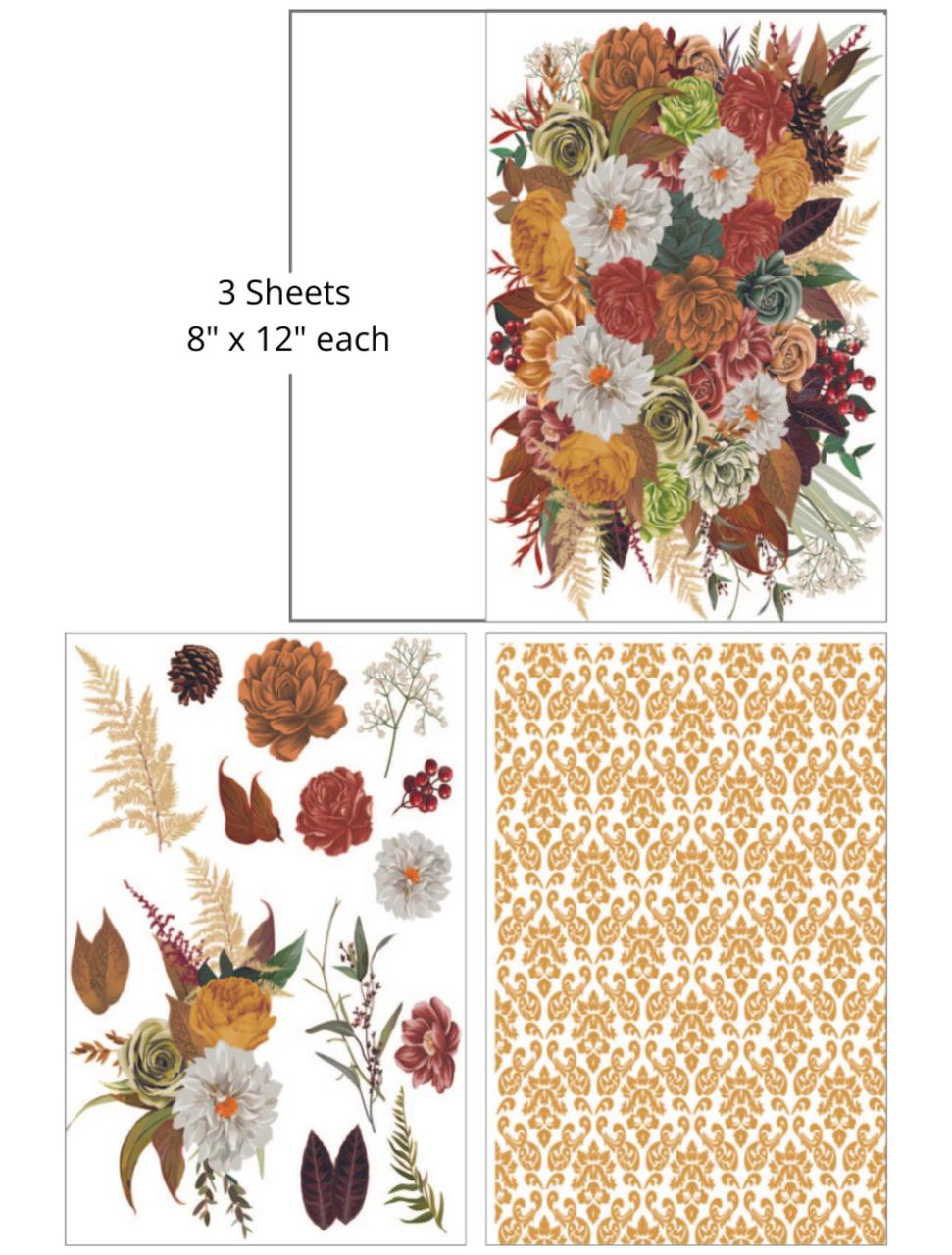 A decorative image split into two sections: on the left, a yellowish gold ornamental pattern and on the right, a vibrant array of assorted flowers and leaves forming a dense, colorful bouquet. "3 Sheets- 8 in. x 12 in. each"