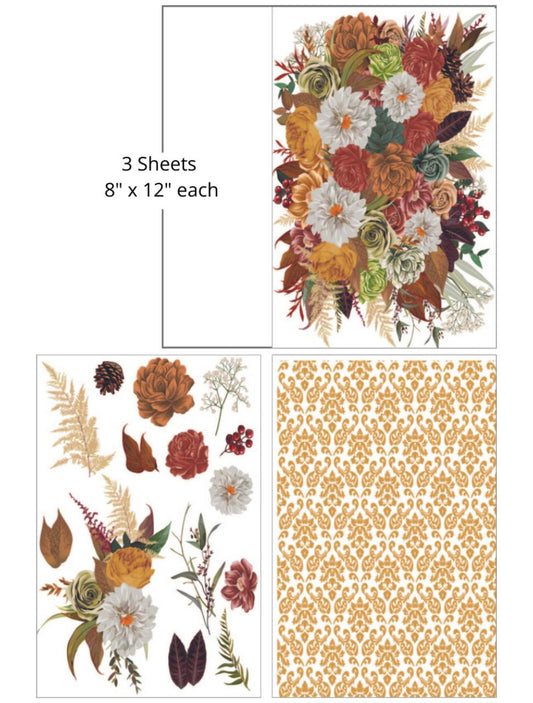 A decorative image split into two sections: on the left, a yellowish gold ornamental pattern and on the right, a vibrant array of assorted flowers and leaves forming a dense, colorful bouquet. "3 Sheets- 8 in. x 12 in. each"